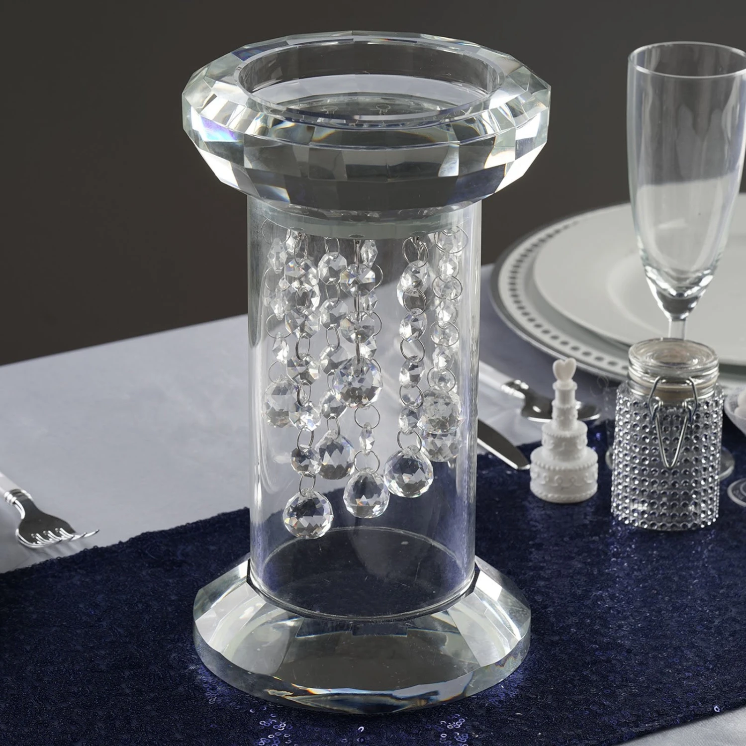 Gemcut Premium Glass Crystal Pillar Candle Holder, Pedestal Stand With Chandelier Crystal Chains 11" 7 Gemcut Premium Glass Crystal Pillar Candle Holder, Pedestal Stand With Chandelier Crystal Chains 11" - Image 7