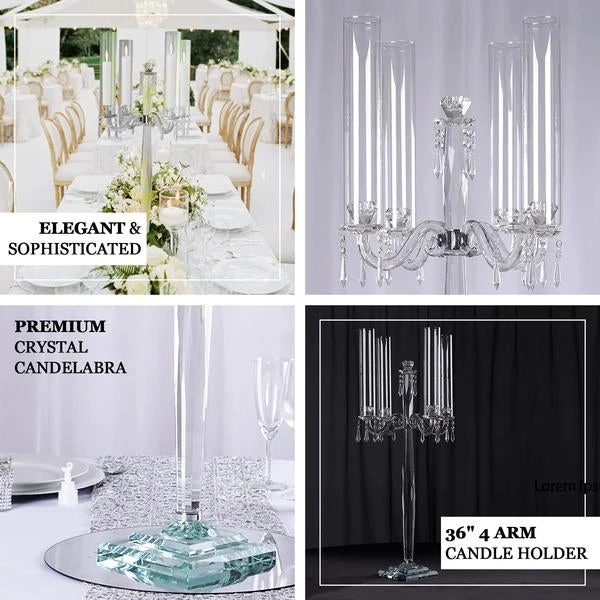 4 Arm Premium Crystal Glass Taper Candle Holder Candelabra With Chandelier Chains 36" 2 4 Arm Premium Crystal Glass Taper Candle Holder Candelabra With Chandelier Chains 36" - Image 2
