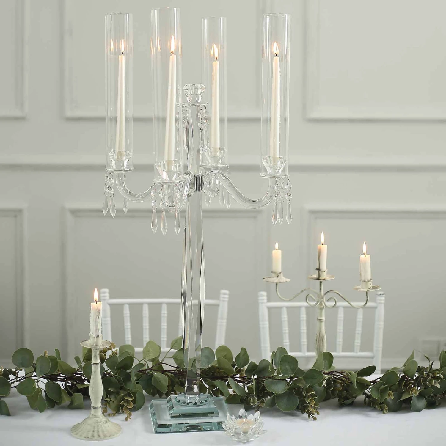 4 Arm Premium Crystal Glass Taper Candle Holder Candelabra With Chandelier Chains 36" 1 4 Arm Premium Crystal Glass Taper Candle Holder Candelabra With Chandelier Chains 36"