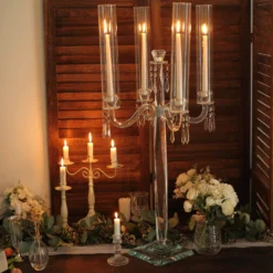 4 Arm Premium Crystal Glass Taper Candle Holder Candelabra With Chandelier Chains 36" 15 4 Arm Premium Crystal Glass Taper Candle Holder Candelabra With Chandelier Chains 36" -Home Decor Promotional Store CHDLR GLAS 022 02