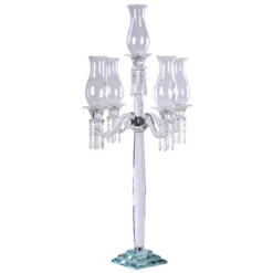 5 Arm Premium Crystal Glass Taper Candle Holder Candelabra With Chandelier Chains 40"