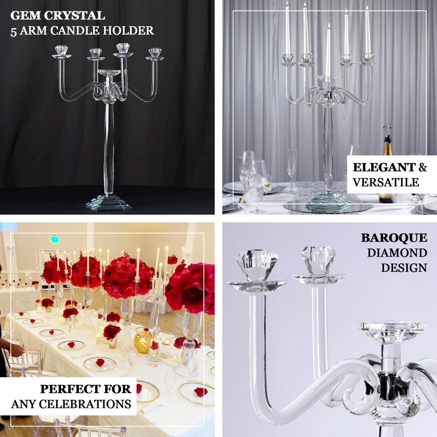 5 Arm Premium Crystal Glass Taper Candle Holder Candelabra Stand 27" 2 5 Arm Premium Crystal Glass Taper Candle Holder Candelabra Stand 27" - Image 2