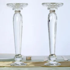 2 Pack Premium Cut Crystal Glass Pillar Candle Holder Stands, Kissing Ball Flower Pedestals 11"