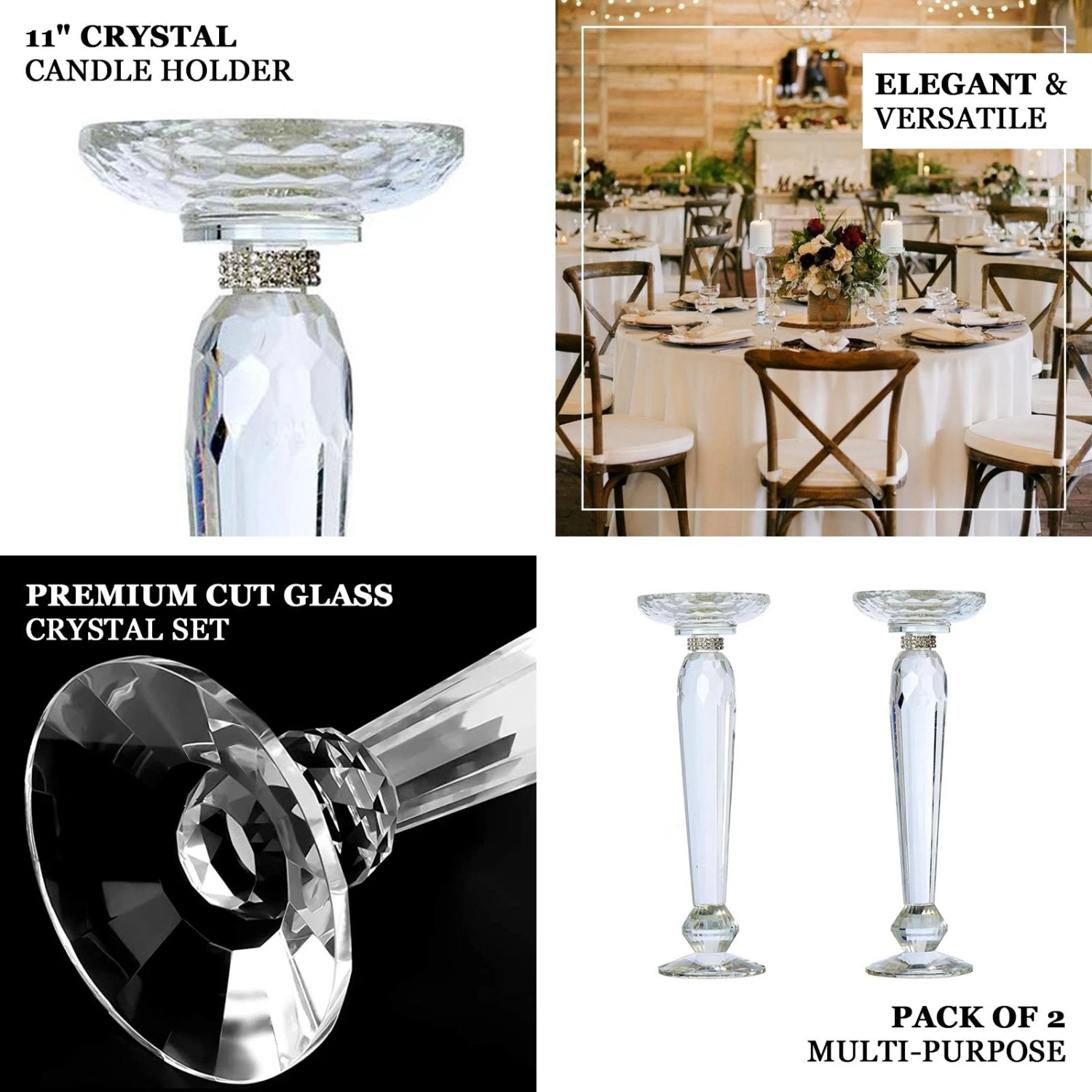 2 Pack Premium Cut Crystal Glass Pillar Candle Holder Stands, Kissing Ball Flower Pedestals 11" 2 2 Pack Premium Cut Crystal Glass Pillar Candle Holder Stands, Kissing Ball Flower Pedestals 11" - Image 2
