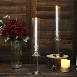 Clear Crystal Glass Hurricane Taper Candle Holders With Tall Cylinder Chimney Tubes -Home Decor Promotional Store CHDLR GLAS 041 18 CLR D02