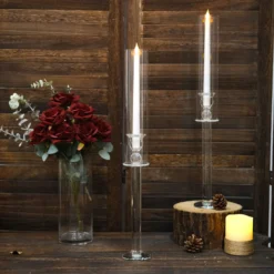 Clear Crystal Glass Hurricane Taper Candle Holders With Tall Cylinder Chimney Tubes -Home Decor Promotional Store CHDLR GLAS 041 22 CLR D02