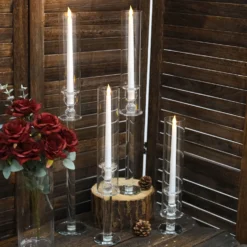 Clear Crystal Glass Hurricane Taper Candle Holders With Tall Cylinder Chimney Tubes -Home Decor Promotional Store CHDLR GLAS 041 SET CLR 01