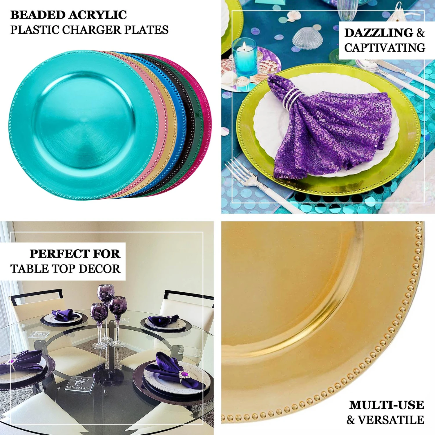 6 Pack Beaded Acrylic Charger Plate, Plastic Round Dinner Charger Tabletop Decor 13" 2 6 Pack Beaded Acrylic Charger Plate, Plastic Round Dinner Charger Tabletop Decor 13" - Image 2