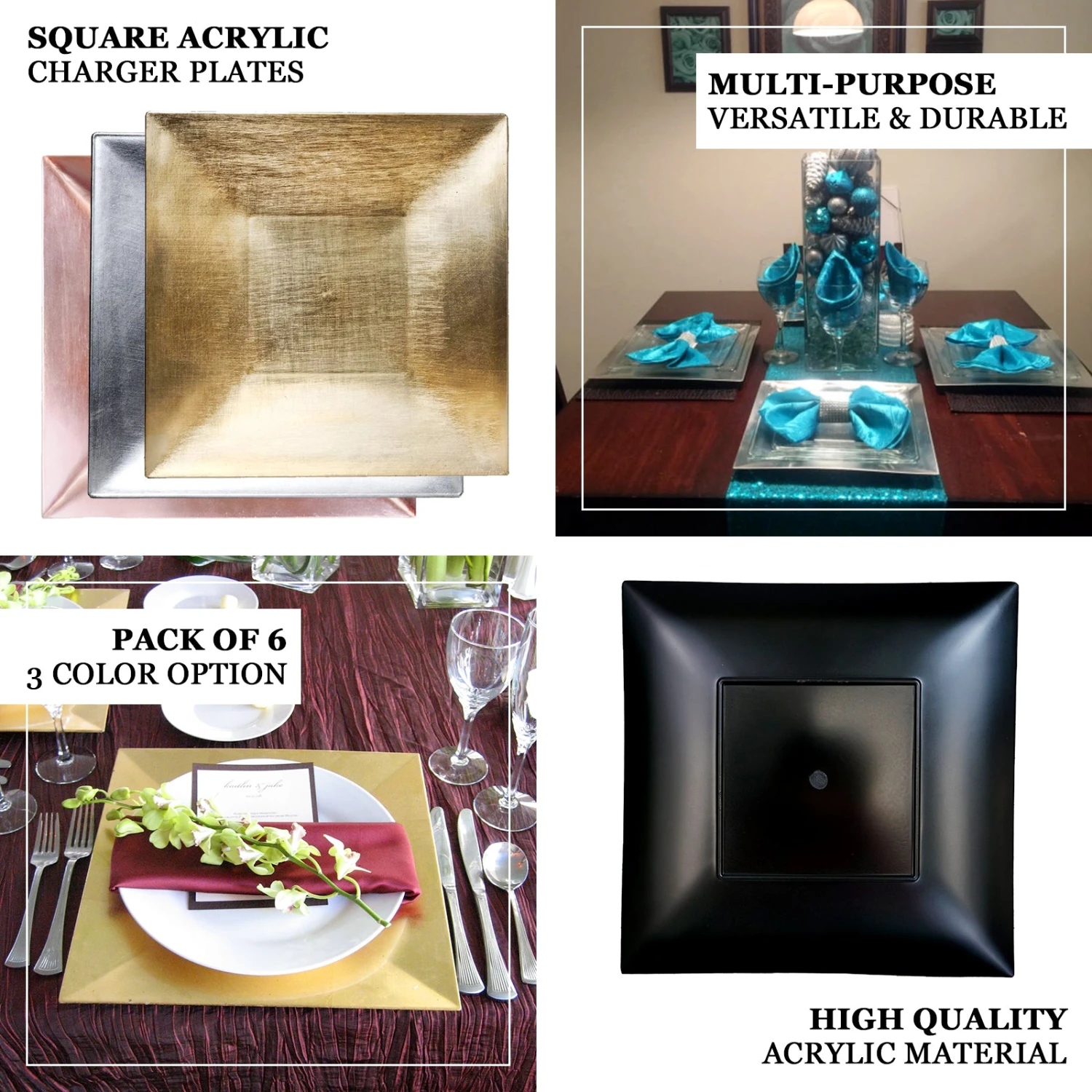 6 Pack Metallic Square Rim Acrylic Charger Plates, Modern/Glam Table Decor 12" 2 6 Pack Metallic Square Rim Acrylic Charger Plates, Modern/Glam Table Decor 12" - Image 2