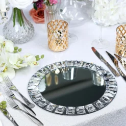 2 Pack Silver Jeweled Rim Premium Glass Mirror Charger Plates 13" 18 2 Pack Silver Jeweled Rim Premium Glass Mirror Charger Plates 13" -Home Decor Promotional Store CHRG GLAS0001 SILV D04