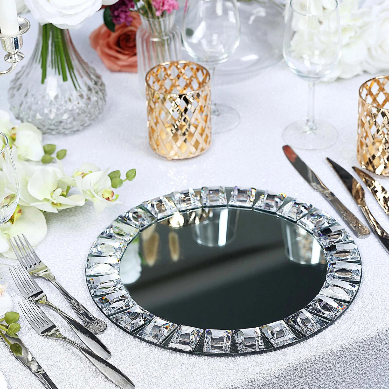 2 Pack Silver Jeweled Rim Premium Glass Mirror Charger Plates 13" 4 2 Pack Silver Jeweled Rim Premium Glass Mirror Charger Plates 13" - Image 4