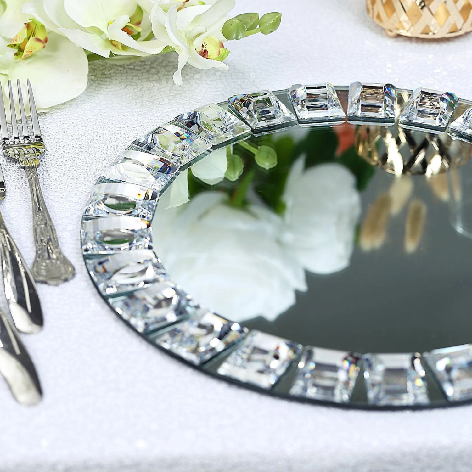 2 Pack Silver Jeweled Rim Premium Glass Mirror Charger Plates 13" 6 2 Pack Silver Jeweled Rim Premium Glass Mirror Charger Plates 13" - Image 6