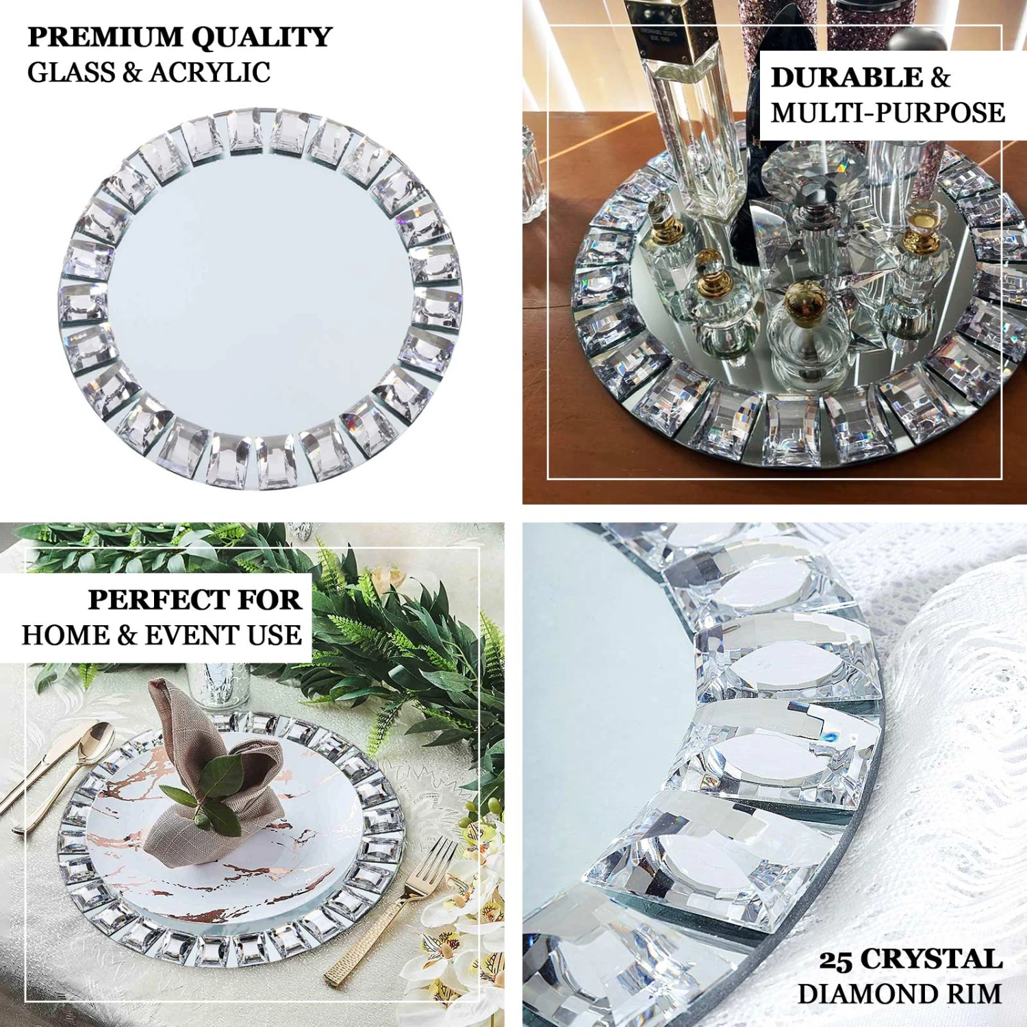 2 Pack Silver Jeweled Rim Premium Glass Mirror Charger Plates 13" 2 2 Pack Silver Jeweled Rim Premium Glass Mirror Charger Plates 13" - Image 2