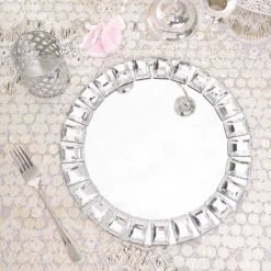 2 Pack Silver Jeweled Rim Premium Glass Mirror Charger Plates 13" 19 2 Pack Silver Jeweled Rim Premium Glass Mirror Charger Plates 13" -Home Decor Promotional Store CHRG GLAS0001 SILV 01