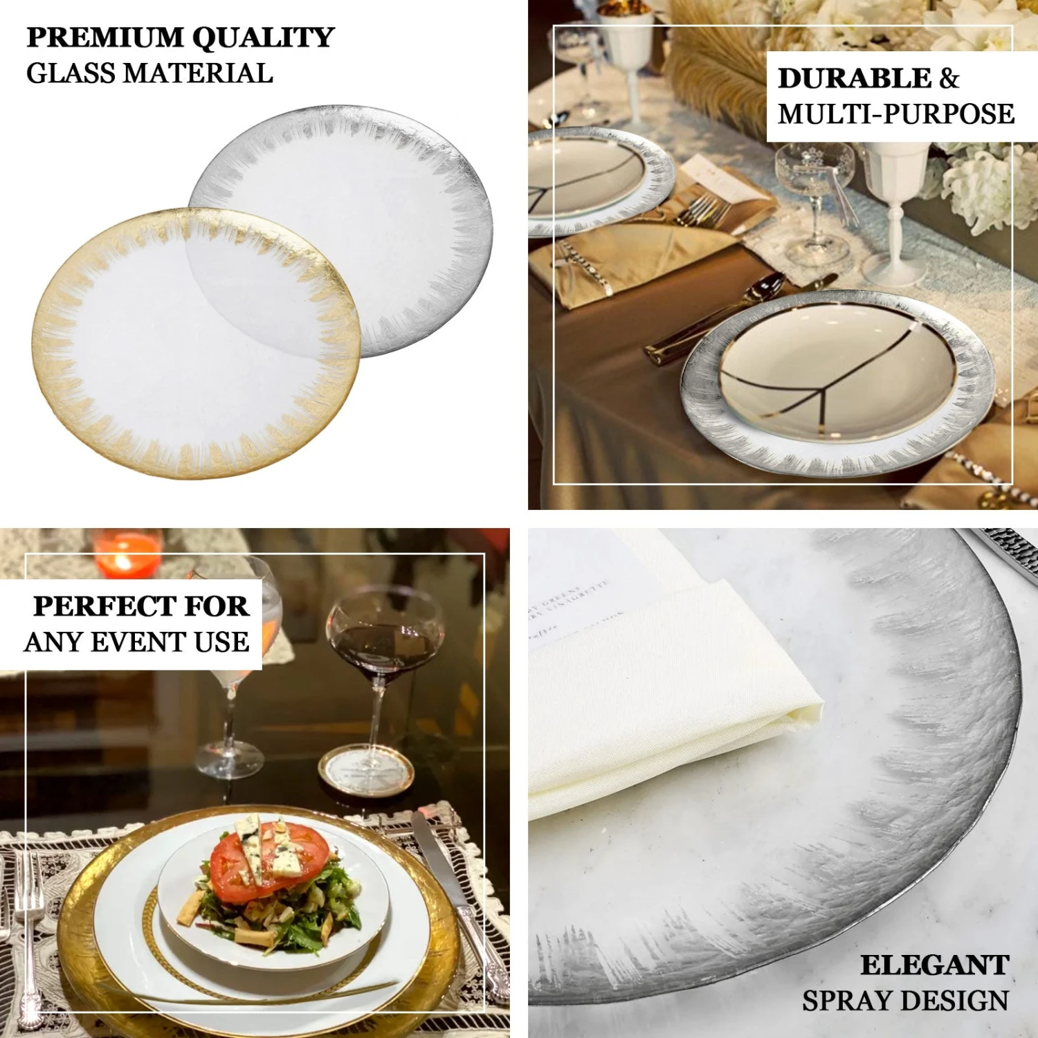8 Pack Round Glass Charger Plates With Metallic Spray Rim 13" 2 8 Pack Round Glass Charger Plates With Metallic Spray Rim 13" - Image 2