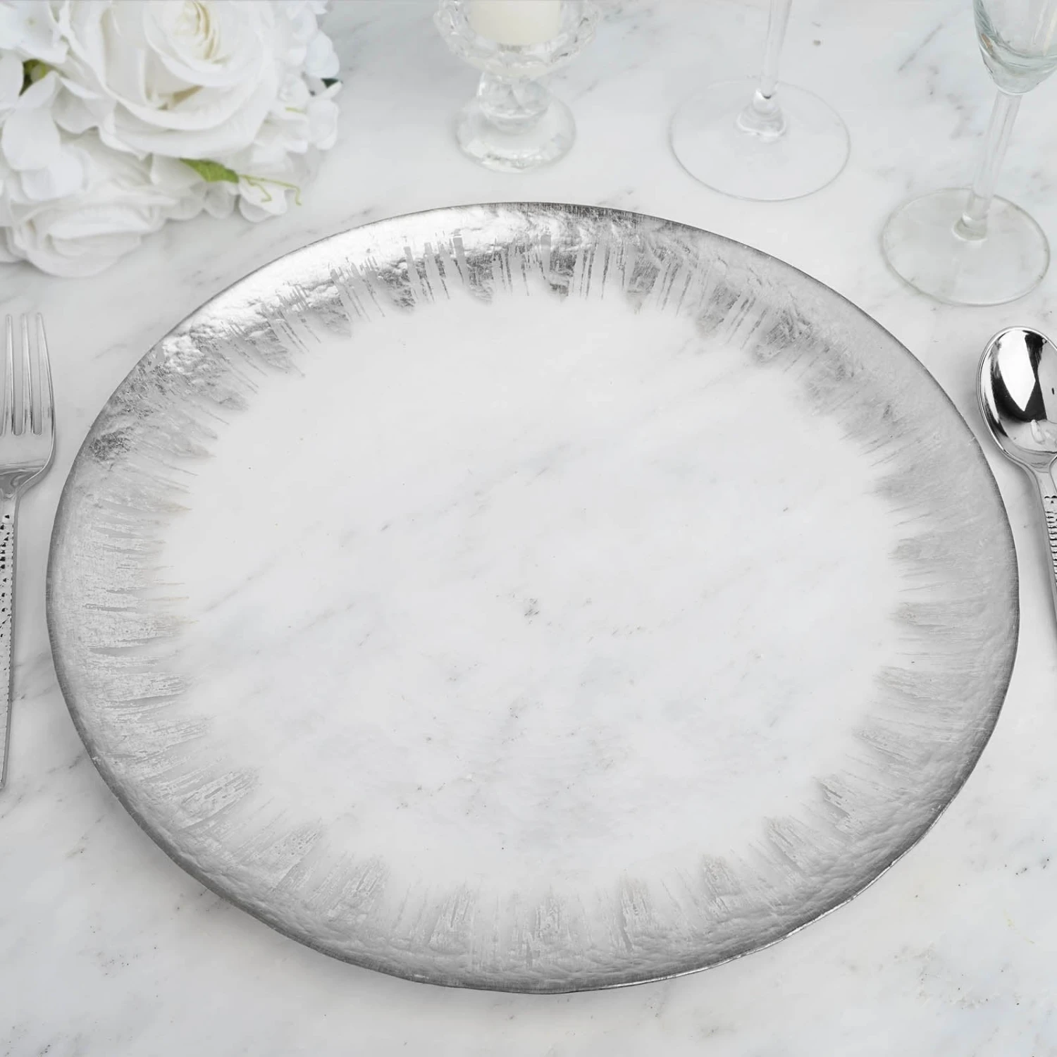 8 Pack Round Glass Charger Plates With Metallic Spray Rim 13" 13 8 Pack Round Glass Charger Plates With Metallic Spray Rim 13" - Image 13