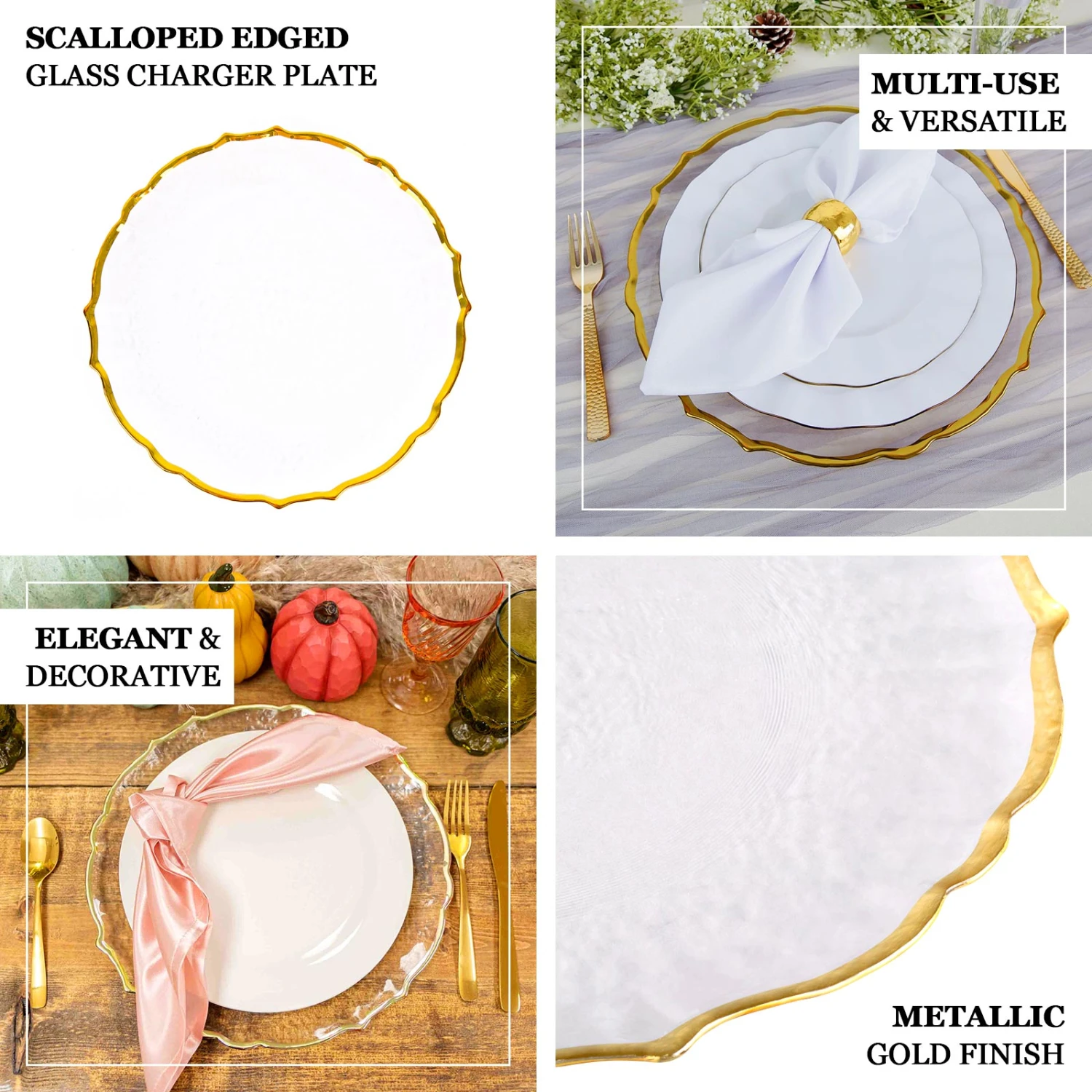 8 Pack Gold Sunflower Scalloped Rim Clear Glass Charger Plates 13" 2 8 Pack Gold Sunflower Scalloped Rim Clear Glass Charger Plates 13" - Image 2