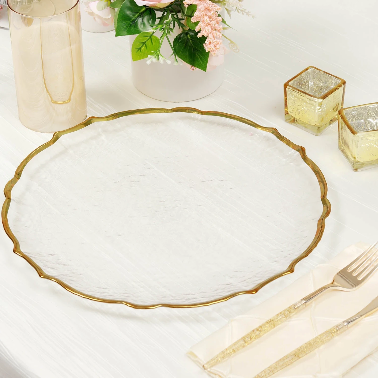 8 Pack Gold Sunflower Scalloped Rim Clear Glass Charger Plates 13" 6 8 Pack Gold Sunflower Scalloped Rim Clear Glass Charger Plates 13" - Image 6
