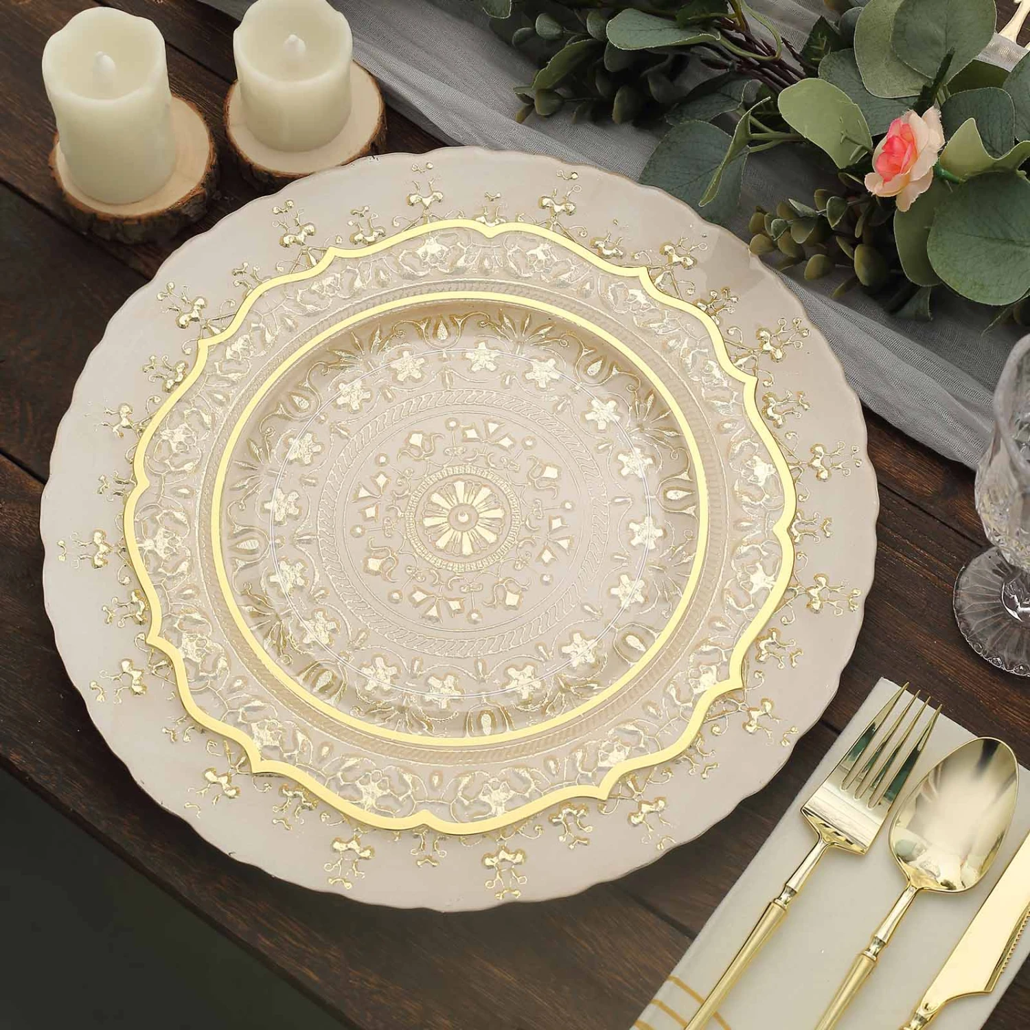 8 Pack Gold Monaco Style Glass Table Serving Plates, Ornate Design Dinner Charger Trays 13" 3 8 Pack Gold Monaco Style Glass Table Serving Plates, Ornate Design Dinner Charger Trays 13" - Image 3