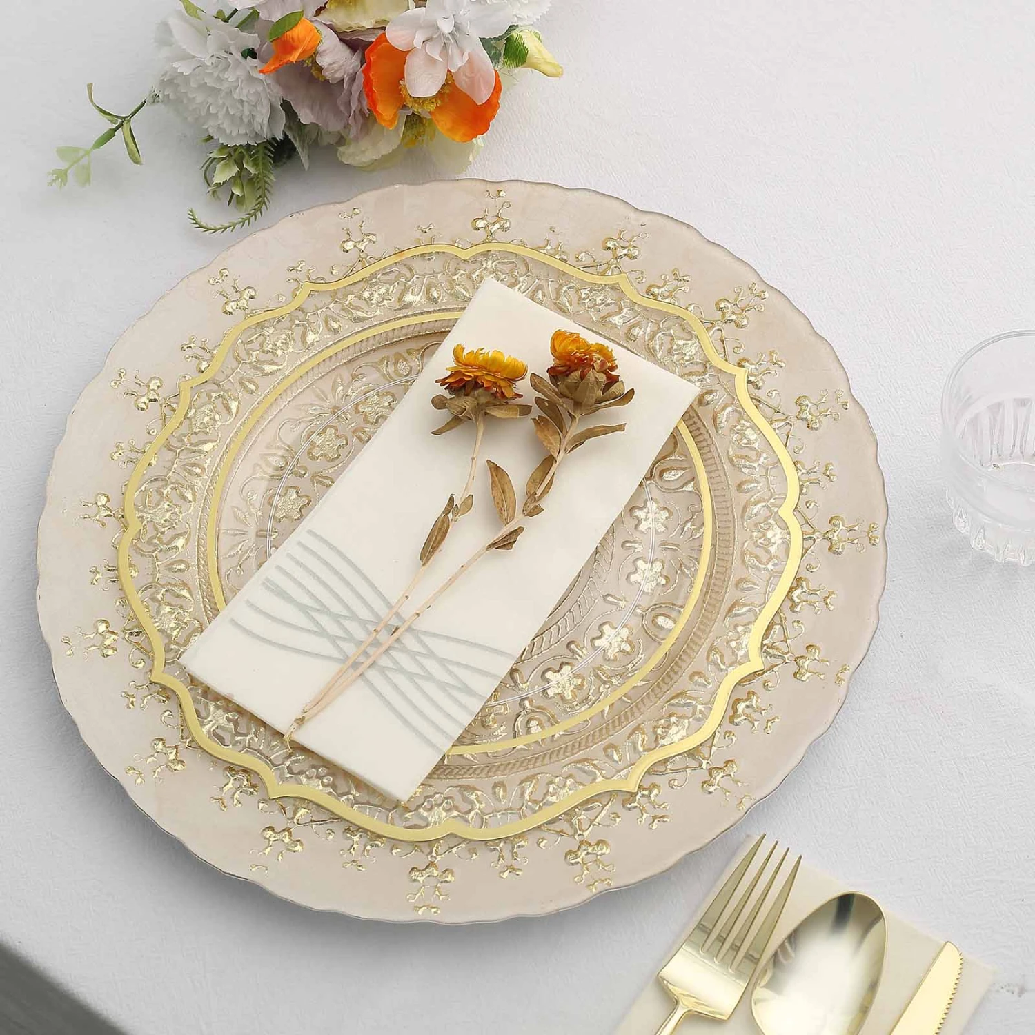 8 Pack Gold Monaco Style Glass Table Serving Plates, Ornate Design Dinner Charger Trays 13" 4 8 Pack Gold Monaco Style Glass Table Serving Plates, Ornate Design Dinner Charger Trays 13" - Image 4