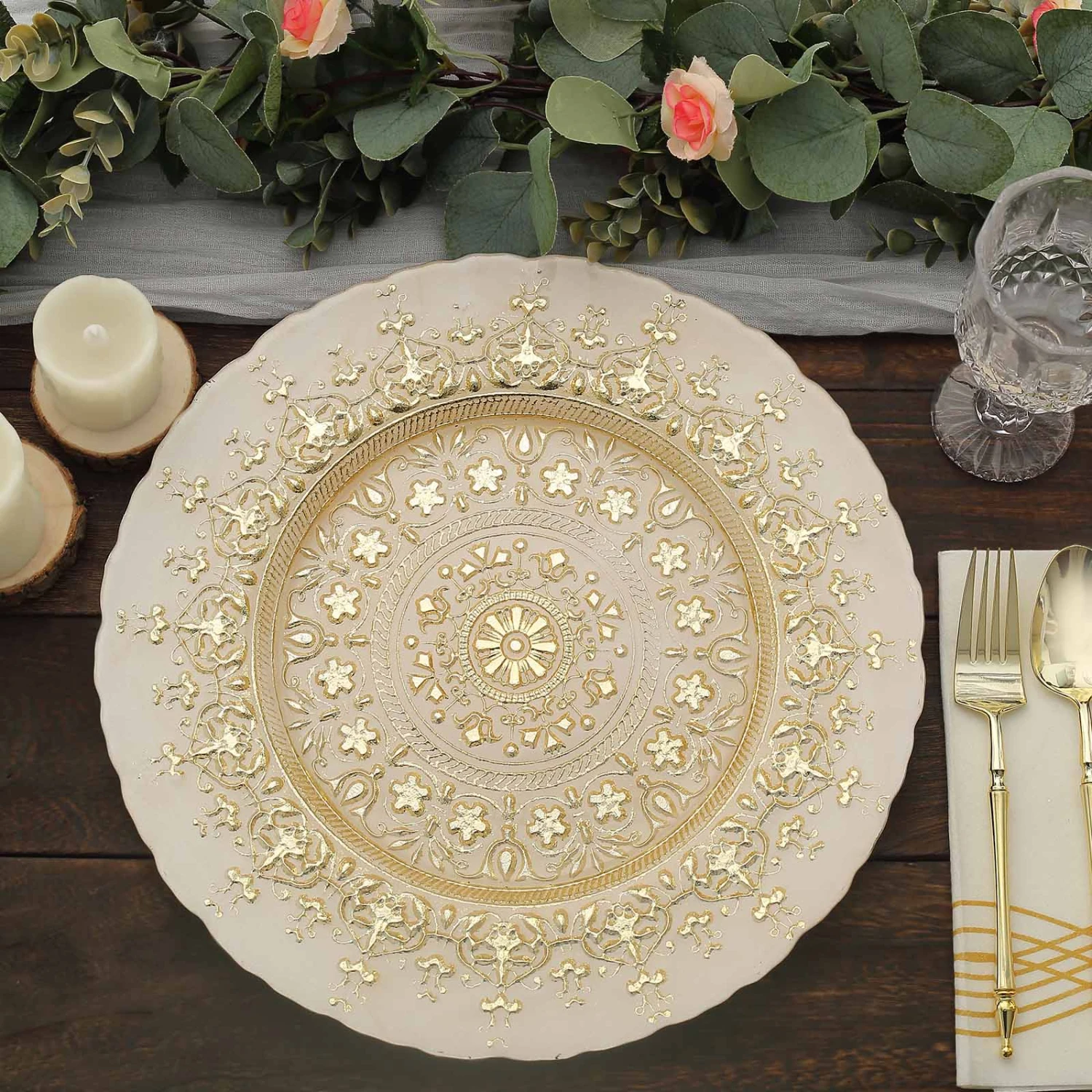 8 Pack Gold Monaco Style Glass Table Serving Plates, Ornate Design Dinner Charger Trays 13" 7 8 Pack Gold Monaco Style Glass Table Serving Plates, Ornate Design Dinner Charger Trays 13" - Image 7