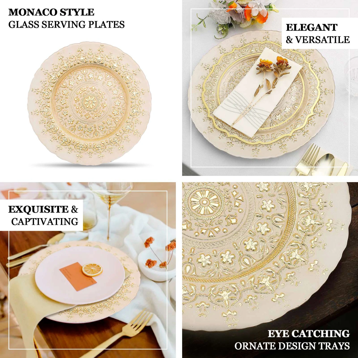 8 Pack Gold Monaco Style Glass Table Serving Plates, Ornate Design Dinner Charger Trays 13" 2 8 Pack Gold Monaco Style Glass Table Serving Plates, Ornate Design Dinner Charger Trays 13" - Image 2