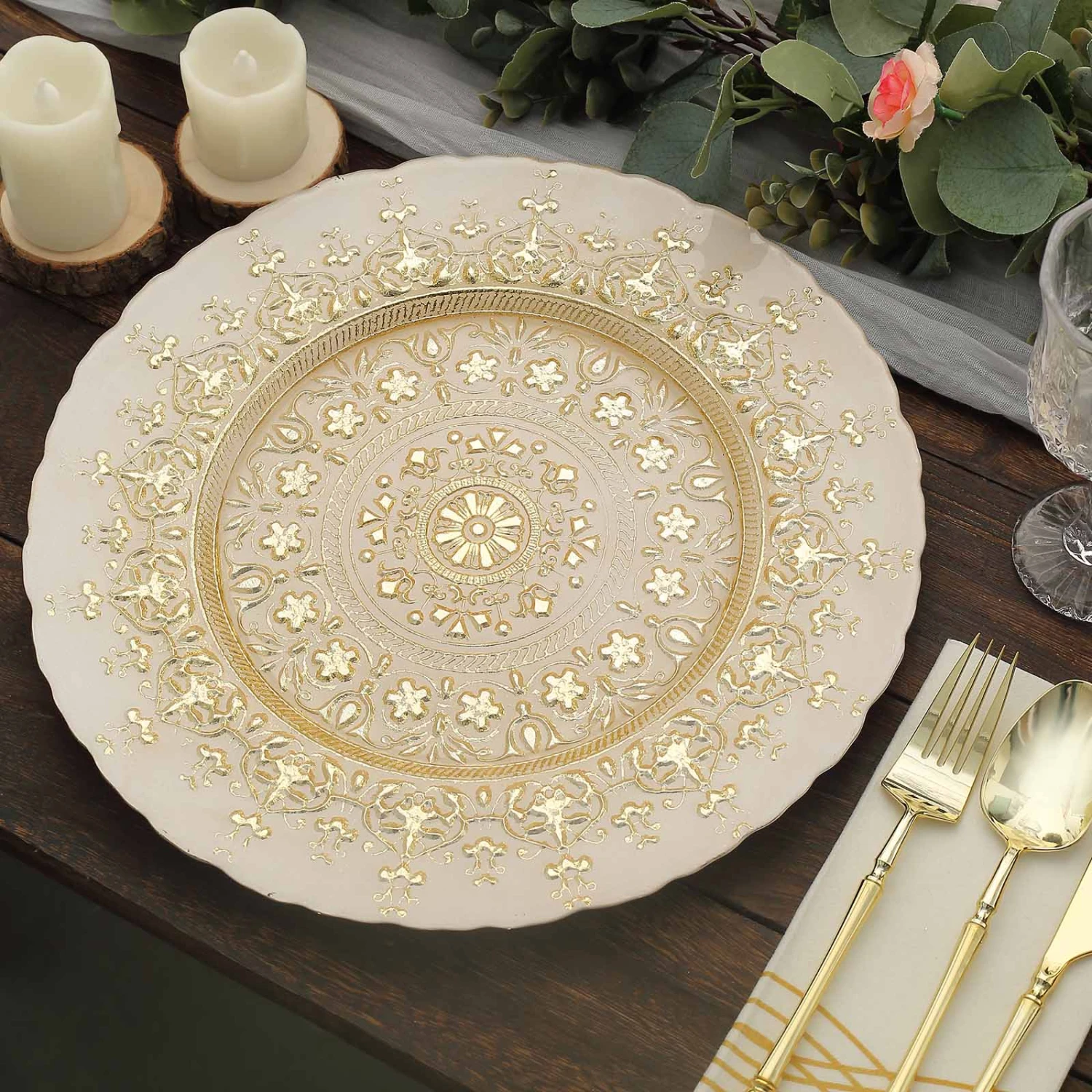 8 Pack Gold Monaco Style Glass Table Serving Plates, Ornate Design Dinner Charger Trays 13" 1 8 Pack Gold Monaco Style Glass Table Serving Plates, Ornate Design Dinner Charger Trays 13"