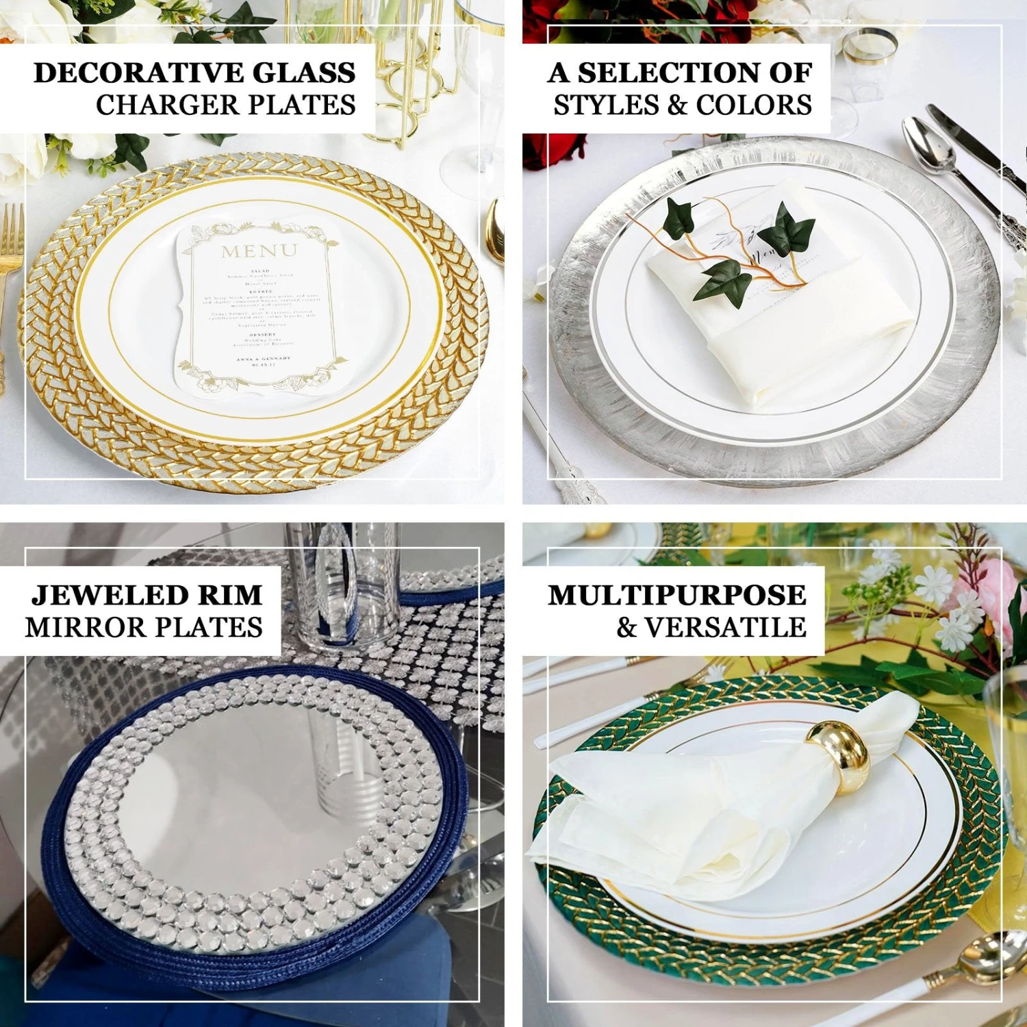 2 Pack Mirror Glass Charger Plates With Rhinestone Rim 13" Round 2 2 Pack Mirror Glass Charger Plates With Rhinestone Rim 13" Round - Image 2