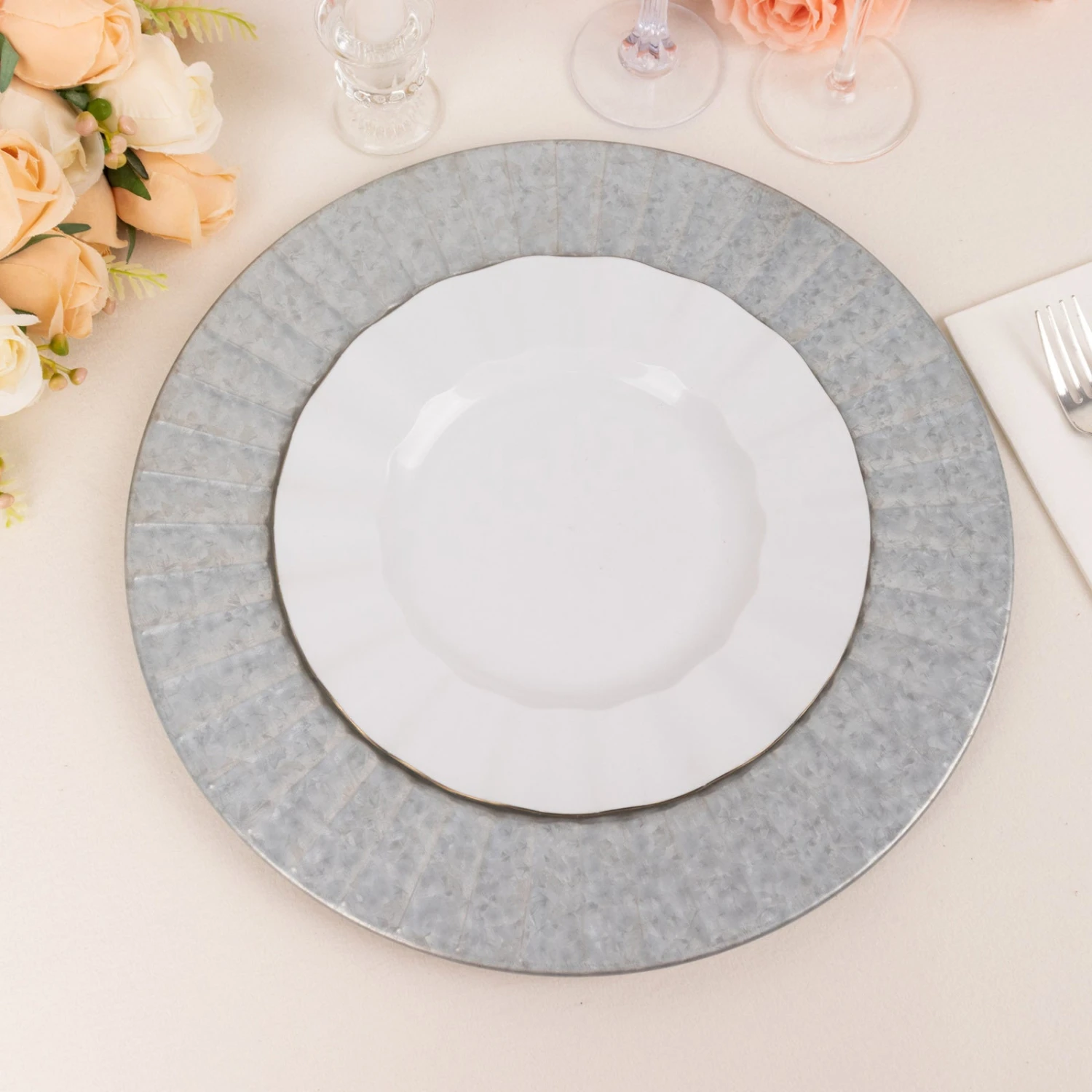 4 Pack Silver Galvanized Metal Charger Plates With Ruffled Rim 13" 7 4 Pack Silver Galvanized Metal Charger Plates With Ruffled Rim 13" - Image 7