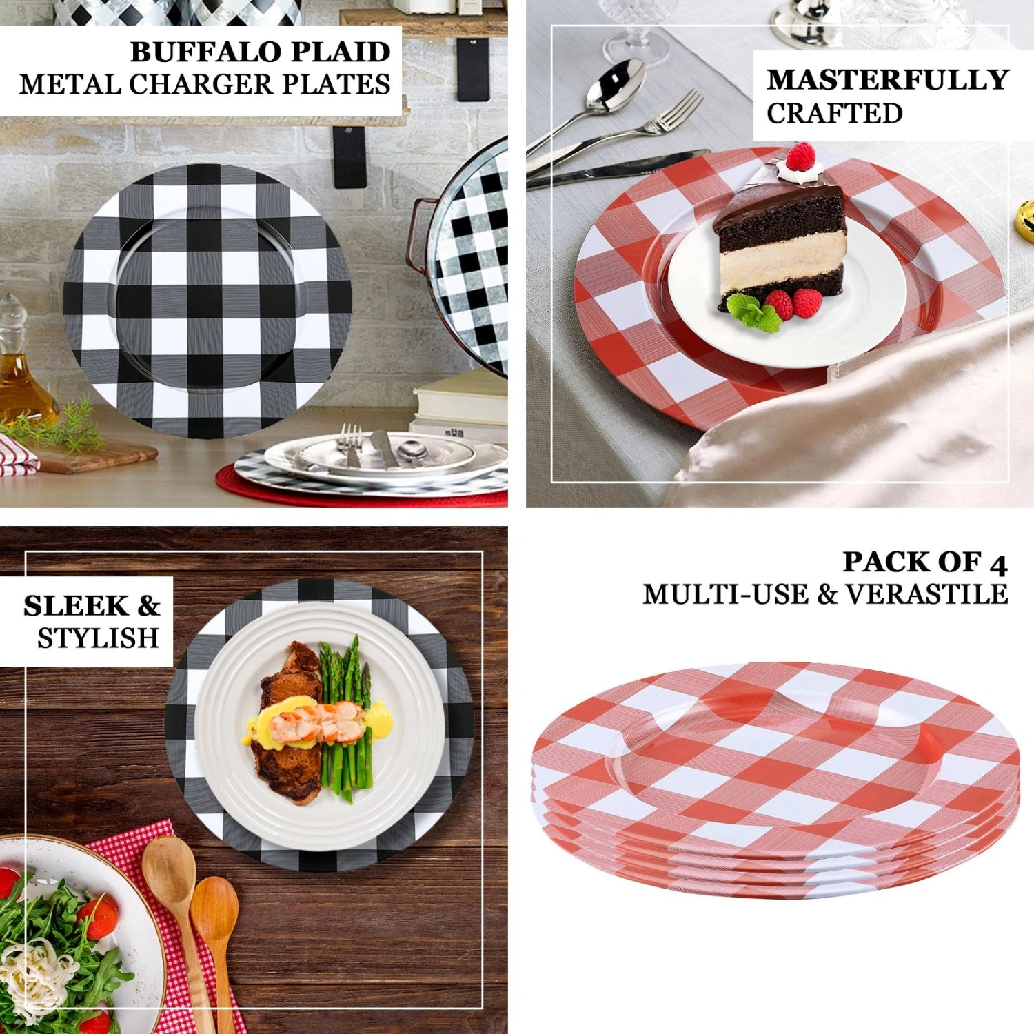 4 Pack Buffalo Plaid Metal Charger Plates, Checkered Picnic Dinner Charger Plates 13" 2 4 Pack Buffalo Plaid Metal Charger Plates, Checkered Picnic Dinner Charger Plates 13" - Image 2