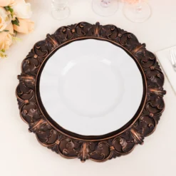 6 Pack Dark Brown Aristocrat Style Acrylic Charger Plates With Ornate Embossed Rim, 13" Round Retro Baroque Plastic Serving Plates -Home Decor Promotional Store CHRG PLST0003W BRN D07