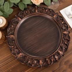 6 Pack Dark Brown Aristocrat Style Acrylic Charger Plates With Ornate Embossed Rim, 13" Round Retro Baroque Plastic Serving Plates -Home Decor Promotional Store CHRG PLST0003W BRN 02