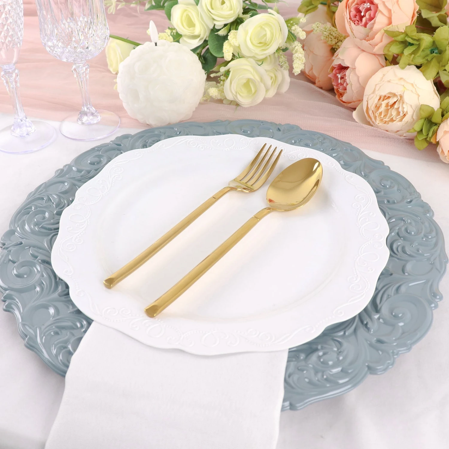 6 Pack Vintage Plastic Serving Plates With Engraved Baroque Rim, Round Disposable Charger Plates 14" 5 6 Pack Vintage Plastic Serving Plates With Engraved Baroque Rim, Round Disposable Charger Plates 14" - Image 5