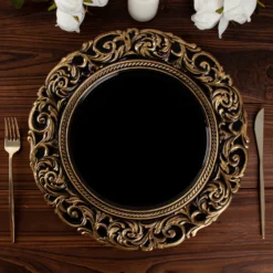 6 Pack Vintage Plastic Serving Plates With Engraved Baroque Rim, Round Disposable Charger Plates 14" 23 6 Pack Vintage Plastic Serving Plates With Engraved Baroque Rim, Round Disposable Charger Plates 14" -Home Decor Promotional Store CHRG PLST0003 BLKGD D02