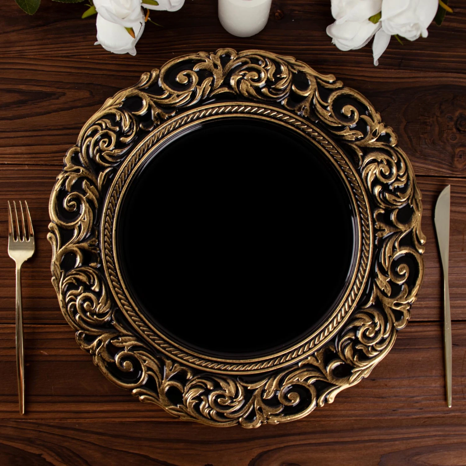 6 Pack Vintage Plastic Serving Plates With Engraved Baroque Rim, Round Disposable Charger Plates 14" 4 6 Pack Vintage Plastic Serving Plates With Engraved Baroque Rim, Round Disposable Charger Plates 14" - Image 4