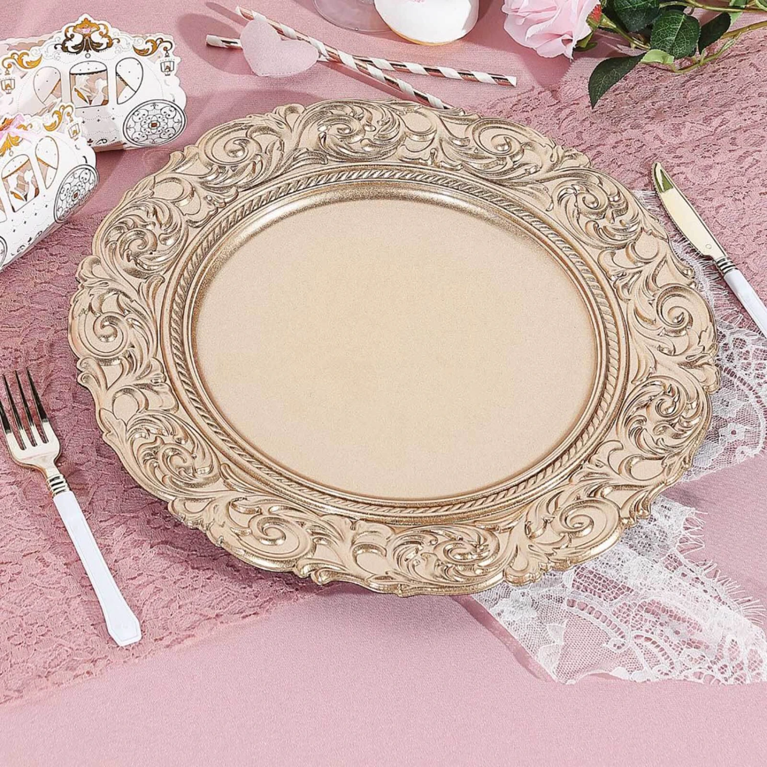 6 Pack Vintage Plastic Serving Plates With Engraved Baroque Rim, Round Disposable Charger Plates 14" 15 6 Pack Vintage Plastic Serving Plates With Engraved Baroque Rim, Round Disposable Charger Plates 14" - Image 15