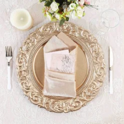 6 Pack Vintage Plastic Serving Plates With Engraved Baroque Rim, Round Disposable Charger Plates 14" 33 6 Pack Vintage Plastic Serving Plates With Engraved Baroque Rim, Round Disposable Charger Plates 14" -Home Decor Promotional Store CHRG PLST0003 GOLD D07