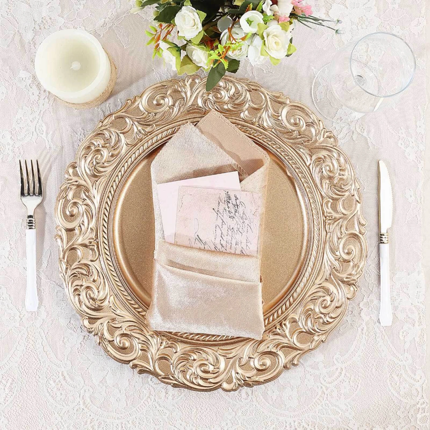 6 Pack Vintage Plastic Serving Plates With Engraved Baroque Rim, Round Disposable Charger Plates 14" 14 6 Pack Vintage Plastic Serving Plates With Engraved Baroque Rim, Round Disposable Charger Plates 14" - Image 14