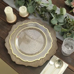 6 Pack Rustic Embossed Wood Grain Acrylic Charger Plates With Scalloped Rim 13" -Home Decor Promotional Store CHRG PLST0008W NAT D04