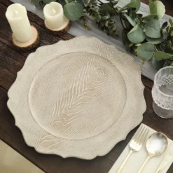 6 Pack Rustic Embossed Wood Grain Acrylic Charger Plates With Scalloped Rim 13"