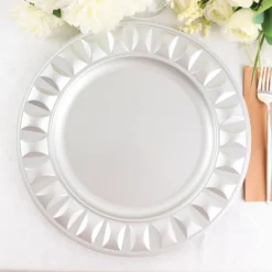 6 Pack Round Bejeweled Rim Plastic Dinner Serving Trays, Disposable Charger Plates 13" -Home Decor Promotional Store CHRG PLST0010 SILV D03