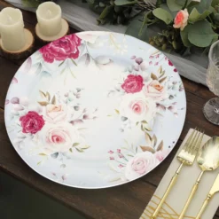 6 Pack Rose Flower Design Plastic Serving Plates, Disposable Spring Floral Print Charger Trays 13" -Home Decor Promotional Store CHRG PLST0012 WHTPK 02 1