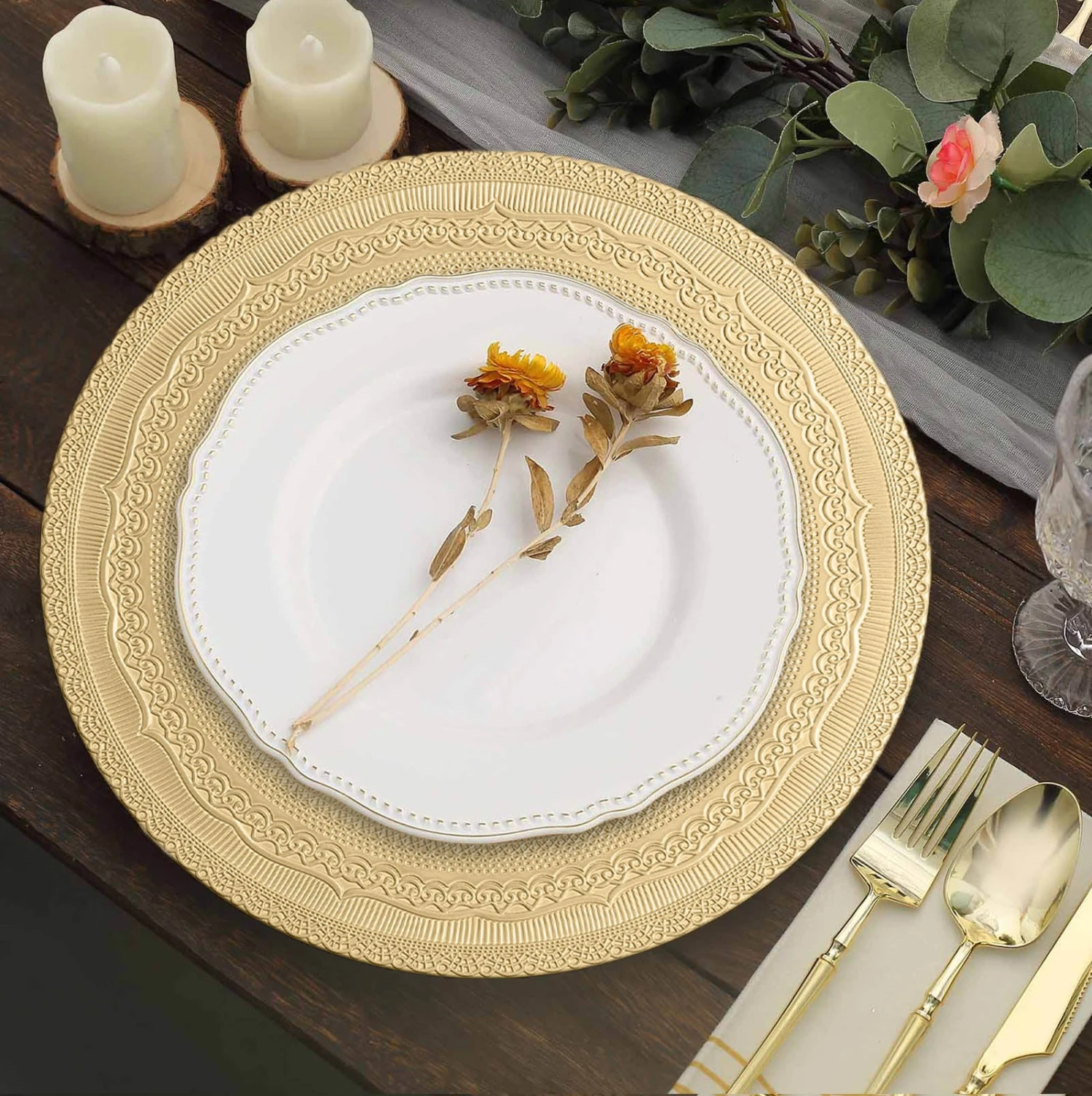 6 Pack Rustic Lace Embossed Acrylic Plastic Charger Plates 13" 3 6 Pack Rustic Lace Embossed Acrylic Plastic Charger Plates 13" - Image 3