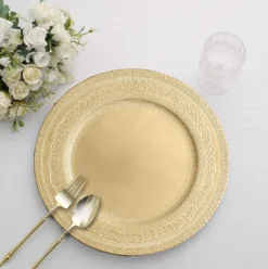 6 Pack Rustic Lace Embossed Acrylic Plastic Charger Plates 13" 29 6 Pack Rustic Lace Embossed Acrylic Plastic Charger Plates 13" -Home Decor Promotional Store CHRG PLST0013 GOLD 01