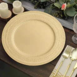 6 Pack Rustic Lace Embossed Acrylic Plastic Charger Plates 13" 31 6 Pack Rustic Lace Embossed Acrylic Plastic Charger Plates 13" -Home Decor Promotional Store CHRG PLST0013 GOLD 02