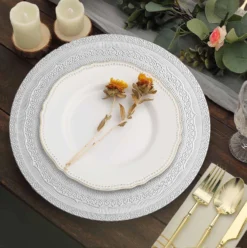 6 Pack Rustic Lace Embossed Acrylic Plastic Charger Plates 13" 38 6 Pack Rustic Lace Embossed Acrylic Plastic Charger Plates 13" -Home Decor Promotional Store CHRG PLST0013 SILV D01