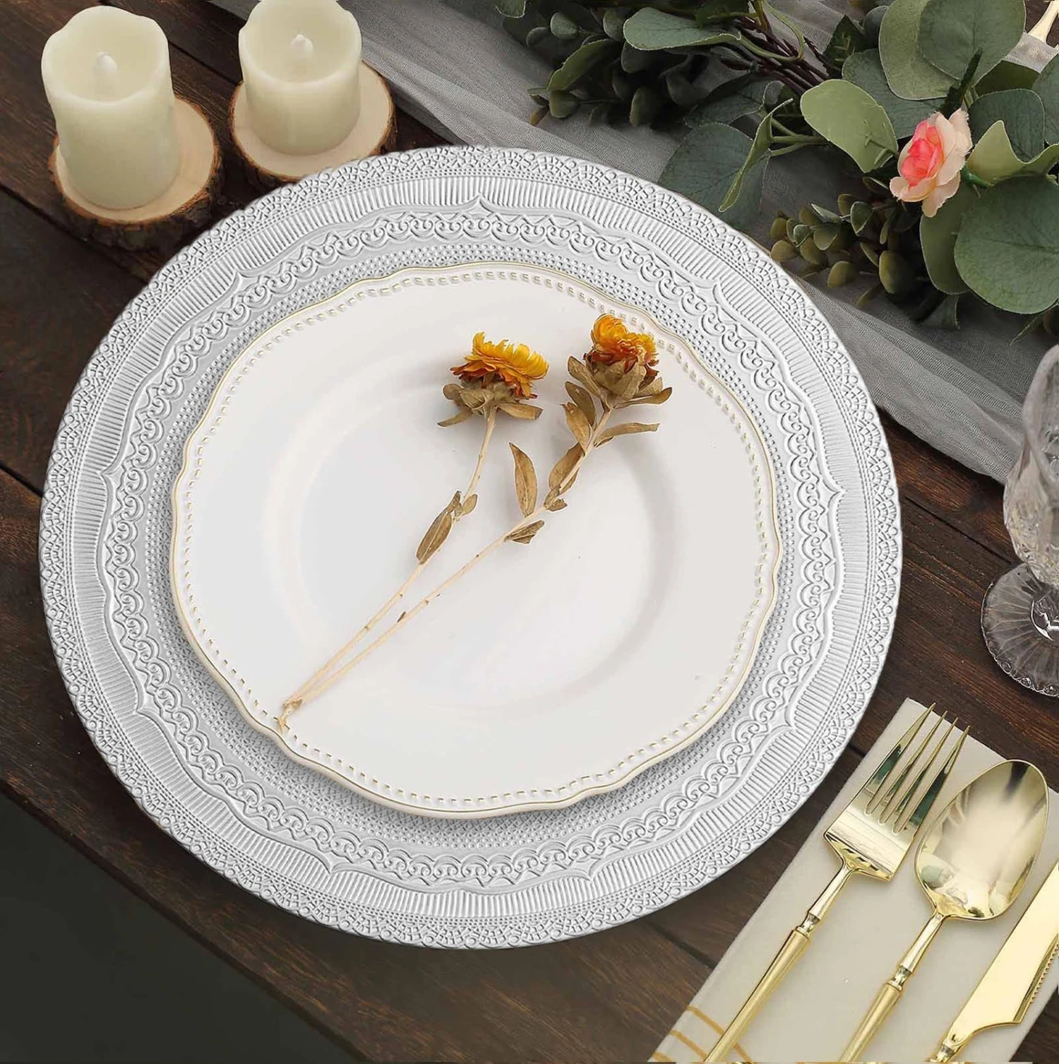 6 Pack Rustic Lace Embossed Acrylic Plastic Charger Plates 13" 19 6 Pack Rustic Lace Embossed Acrylic Plastic Charger Plates 13" - Image 19