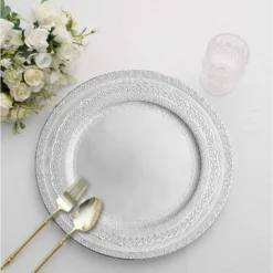 6 Pack Rustic Lace Embossed Acrylic Plastic Charger Plates 13" 37 6 Pack Rustic Lace Embossed Acrylic Plastic Charger Plates 13" -Home Decor Promotional Store CHRG PLST0013 SILV 01