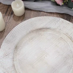 6 Pack White Washed Sunray Rim Faux Wood Plastic Charger Trays, Round Disposable Serving Plates 13" -Home Decor Promotional Store CHRG PLST0014W WHT D06