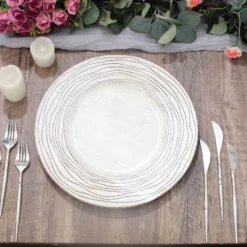 6 Pack White Washed Rose Rim Faux Wood Plastic Charger Trays, Round Disposable Serving Plates 13" -Home Decor Promotional Store CHRG PLST0015W WHT D02